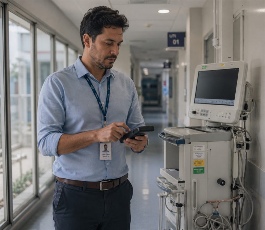 Equipe de Engenharia Clínica conferindo equipamentos médicos em corredor hospitalar